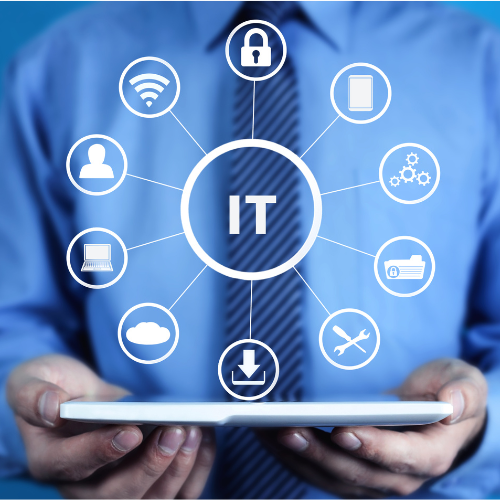 Vector image of man holding an I-Pad with I.T. components 