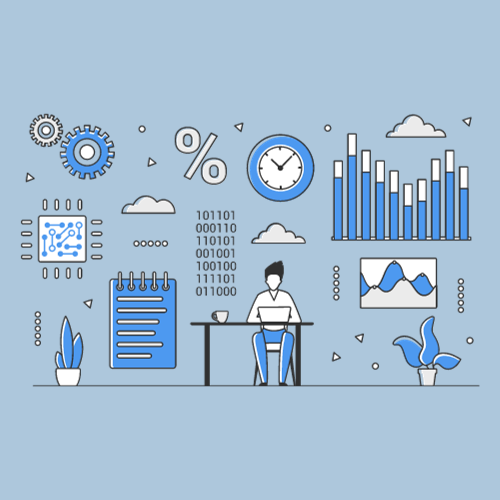 a person sitting at a desk with a clock and other icons