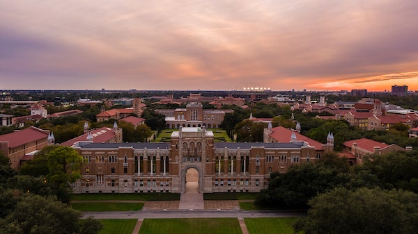 rice campus at dusk looking over lovett hall
