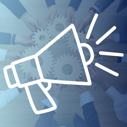 megaphone overlayed on a picture of wooden gears