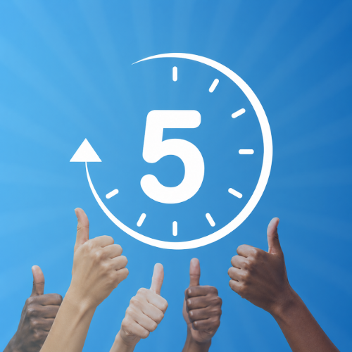 Clock with number five in the middle and hands doing thumbs up