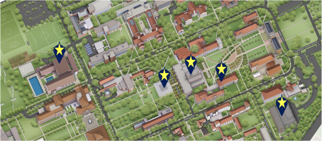 Graphic highlighting the buildings on Rice campus involved in the zone pilot
