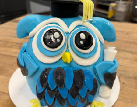 A cake decorated like an owl wearing a graduation cap and holding a diploma