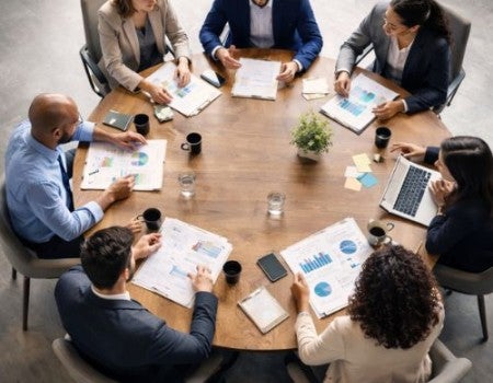 Coworkers gathered around a table discussing plans
